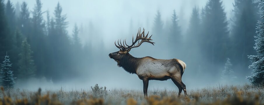 Majestic elk bugling in misty mountain meadow