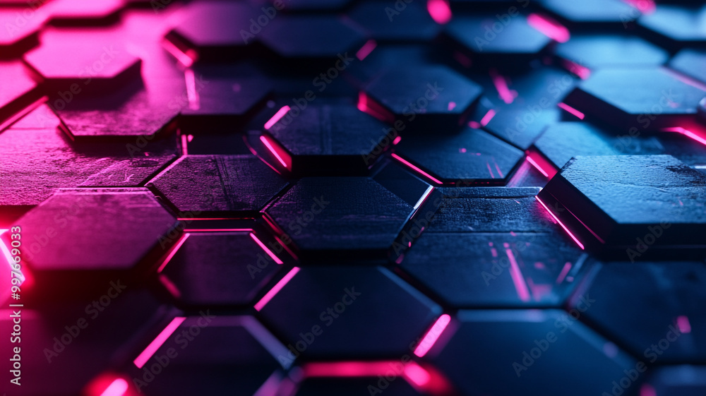 Aufkleber abstract hexagonal pattern with glowing pink and blue lights on a textured surface