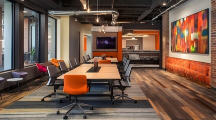 43. A creative workspace with adjustable desks, brainstorming areas, and collaborative spaces