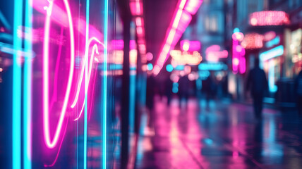 Vibrant neon lights illuminating a busy urban street at night with silhouetted pedestrians walking