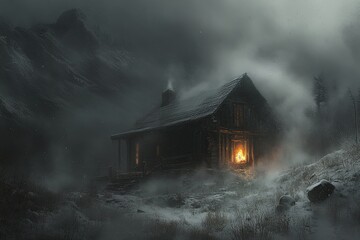 Snow Falling Over Wooden Cabin in Serene Winter Landscape Scene