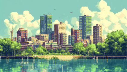Obraz premium A retro-inspired, pixelated landscape or city scene reminiscent of classic 8-bit video games, perfect for a nostalgic yet playful vibe