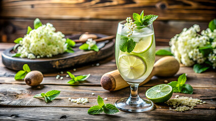Refreshing Hugo Champagne cocktail with elderflower syrup, mint, and lime on a rustic wooden table , summer