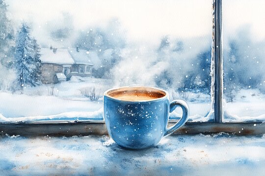 Watercolor Painting, Cozy Hot Cocoa on Windowsill with Frost Patterns and Snowy Landscape