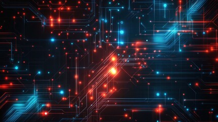 Obraz premium Abstract digital circuit board with red and blue glowing lines and dots.