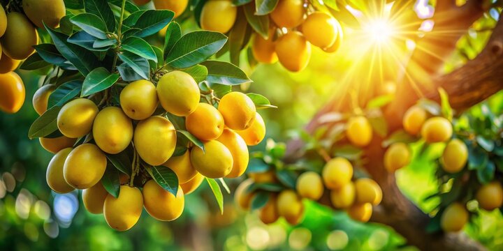 Juicy marula fruit hangs from a tree, nestled among vibrant green leaves, basking in the warm sunlight of