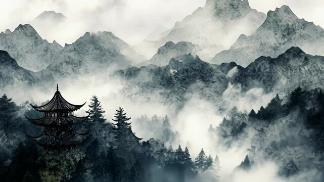 Ancient style landscape artistic conception ink animation