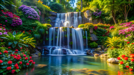 Serene and peaceful waterfall surrounded by lush greenery and colorful flowers , tranquil, calming, awe-inspiring, nature, beauty