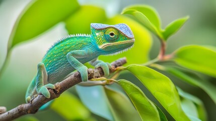 Fototapeta premium Baby chameleon veiled on branch, Baby veiled chameleon closeup on green leaves, Baby veiled chameleon closeup on natural background