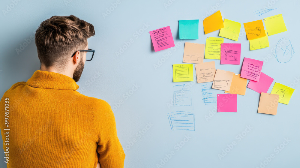 Poster visualize a collaborative business plan session featuring sticky notes and sketches on a whiteboard,