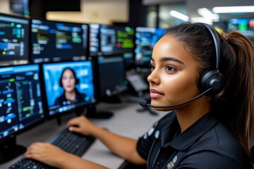 Employee handling a complaint in a call center, with multiple screens showing customer details and a serious expression as they address the issue