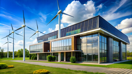 Obraz premium Modern eco-friendly building with solar panels and wind turbines, sustainable, renewable, energy efficient
