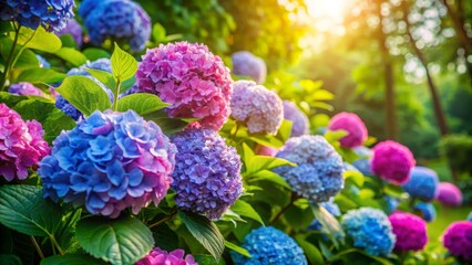 Lush green foliage frames stunning hydrangea blooms, showcasing vibrant colors in a bright, sunlit garden that radiates
