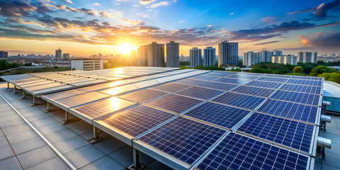 Cutting-edge design of modern solar panels on building rooftop, solar energy
