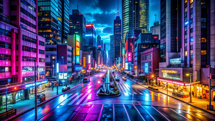 Vibrant cityscape with neon lights and bustling streets at night , nightlife, urban, city, vibrant, colorful, illumination