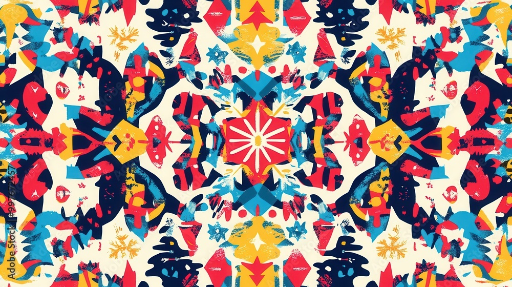 Poster the artwork showcases a colorful array of christmas symbols arranged in a complex design, radiating 