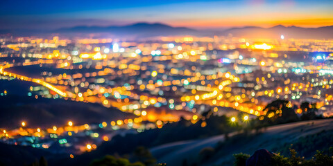 Fototapeta premium Cityscape at night from a mountain viewpoint with defocused bokeh lights , urban, city, night lights, bokeh