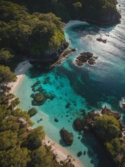 Highlight the serene beauty of a tropical lagoon with vibrant foliage, perfect for marketing vacation destinations and eco-friendly retreats.