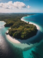 A captivating aerial perspective of a tropical paradise featuring pristine beaches and dramatic skies, ideal for vacation and travel promotions.