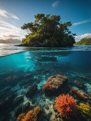 An impressive view of a remote tropical island, showcasing turquoise waters and lush rainforests—perfect for eco-tourism and adventure travel marketing.