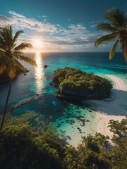 Experience a stunning aerial view of a tropical island featuring turquoise lagoons and dramatic coastlines, ideal for promoting eco-tourism.