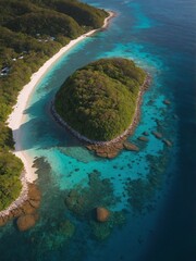 Capture the allure of a remote tropical island paradise with pristine beaches and lush vegetation, perfect for travel and vacation marketing.