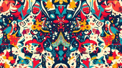 This artwork showcases an intricate arrangement of Christmas symbols, blending trees, stars, and gifts in a colorful design. Generative AI