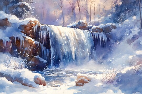 Watercolor Painting of Frozen Waterfall Cascading Over Icy Rocks, Sparkling Snow and Glistening Icicles