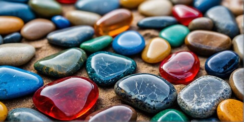 An array of colorful stones forms a striking background, ideal for graphic design, product displays, or marketing campaigns that need a bold visual impact.