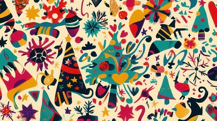 Naklejka premium The artwork displays an intricate mix of colorful Christmas symbols, including trees, stars, and gifts, creating a festive atmosphere. Generative AI
