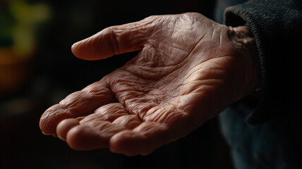 An elderly person's weathered hand extended, symbolizing wisdom and life experiences in soft light