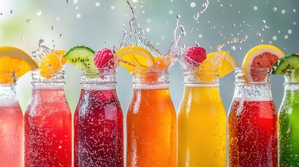 Colorful fruit-flavored sodas splashing from glass bottles, each representing a unique flavor, variety soda drinks, tropical explosion