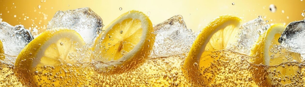 Lemon soda exploding in a spray of citrus bubbles, with lemon slices and ice bursting out, lemon soda splash, zesty summer drink