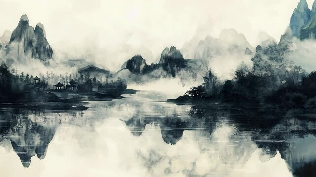 Chinese style simple landscape painting animation background