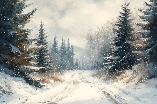 Watercolor Painting of Peaceful Forest Trail Blanketed in Fresh Snowfall, Tall Evergreen Trees Dusted with White