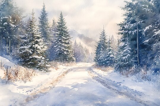 Watercolor Painting of Peaceful Forest Trail Blanketed in Fresh Snowfall, Tall Evergreen Trees Dusted with White