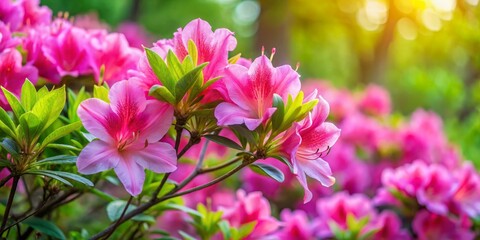 Fototapeta premium Radiant pink azaleas burst into full bloom, set against a gentle green garden backdrop, painting a perfect springtime