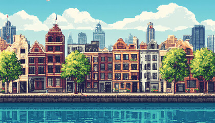 Obraz premium A retro-inspired, pixelated landscape or city scene reminiscent of classic 8-bit video games, perfect for a nostalgic yet playful vibe