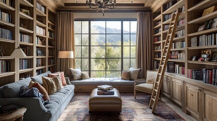 24. A charming home library with built-in shelves, a rolling ladder, and comfortable seating