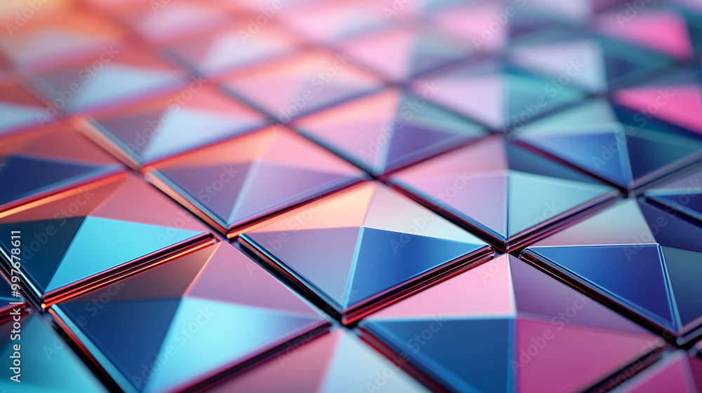 Poster colorful geometric pattern of metallic triangles creating an abstract surface design
