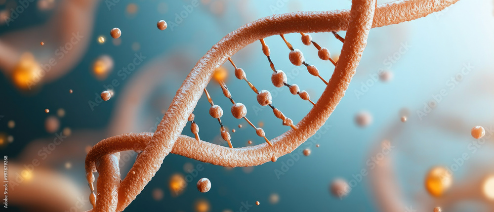 Poster explore the dynamic representation of a dna double helix surrounded by energetic particles, illustra