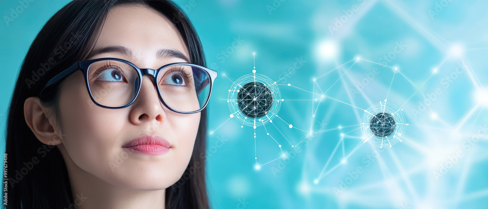 Poster a thoughtful scientist in glasses explores the relationship between atomic theory and artificial int