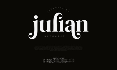 Julian typography beauty fashion elegant minimalist serif italic fonts decorative wedding vintage retro logos. Minimal luxury font alphabet logo. Vector illustration