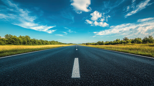 serene empty road stretches under bright summer blue sky, flanked by lush greenery and vibrant grass, inviting sense of freedom and adventure