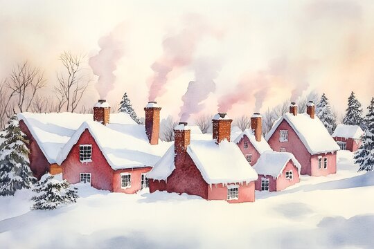 Watercolor Painting of Snow-Laden Rooftops in Quaint Village: Chimney Smoke Rising into Crisp Winter Air and Pastel Sky