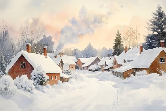 Watercolor Painting of Snow-Laden Rooftops in Quaint Village: Chimney Smoke Rising into Crisp Winter Air and Pastel Sky