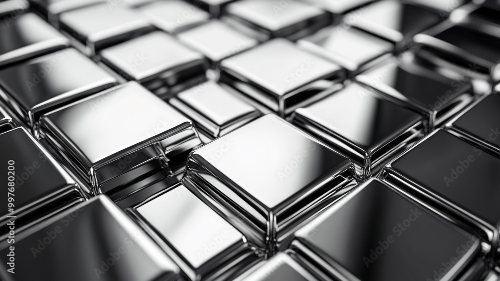 Poster close-up of polished metallic squares arranged in a geometric pattern on a reflective surface