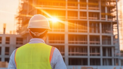 A construction worker observes a building site at sunset, showcasing the hard work and dedication in the construction industry.