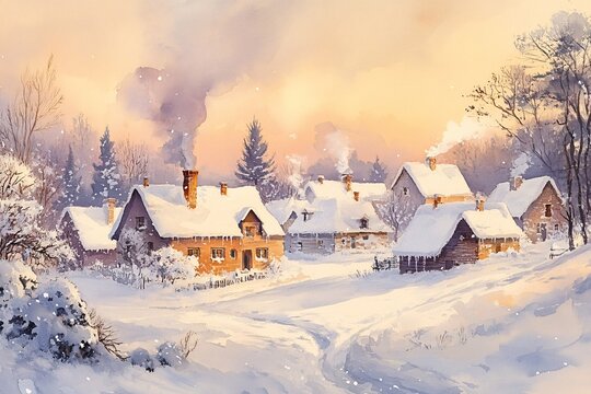 Watercolor Painting of Snow-Laden Rooftops in Quaint Village: Chimney Smoke Rising into Crisp Winter Air and Pastel Sky