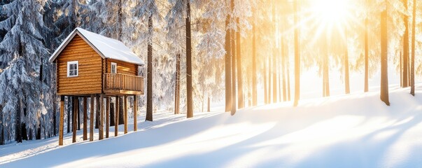 A cozy wooden cabin stands majestically on poles amidst a serene snowy landscape, illuminated by warm sunlight.